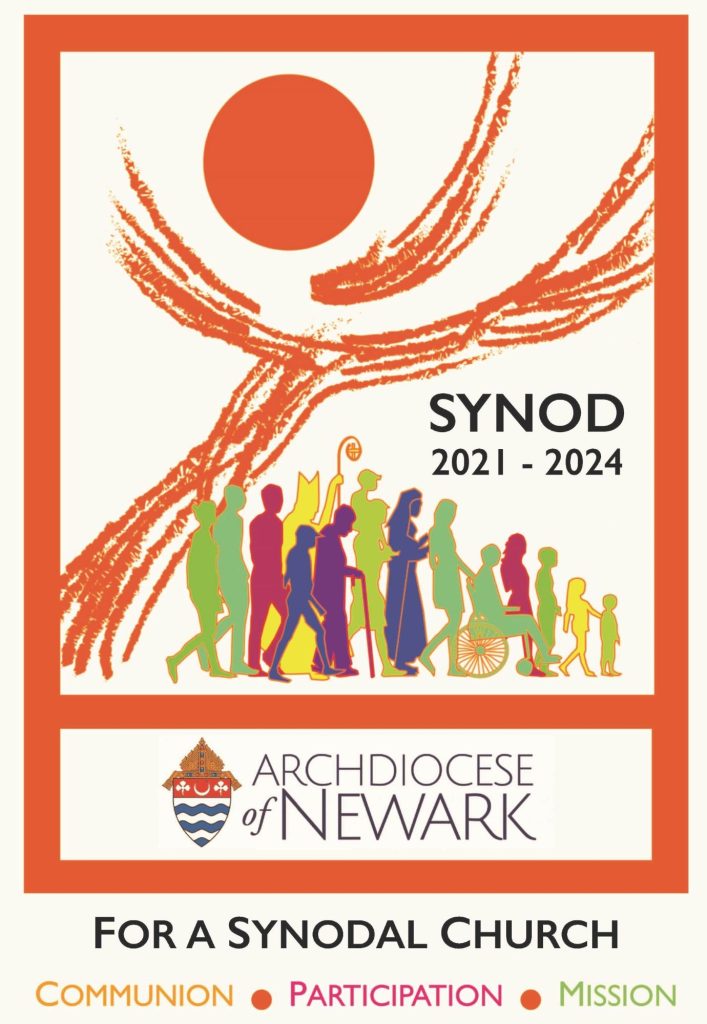 The Archdiocesan logo of the Synod displays the years 2021 to 2024 with a group of people at the bottom. The words "For a Synodal Church" is displayed at the bottom. Underneath it, the words "Communion, Participation, Mission" are displayed.